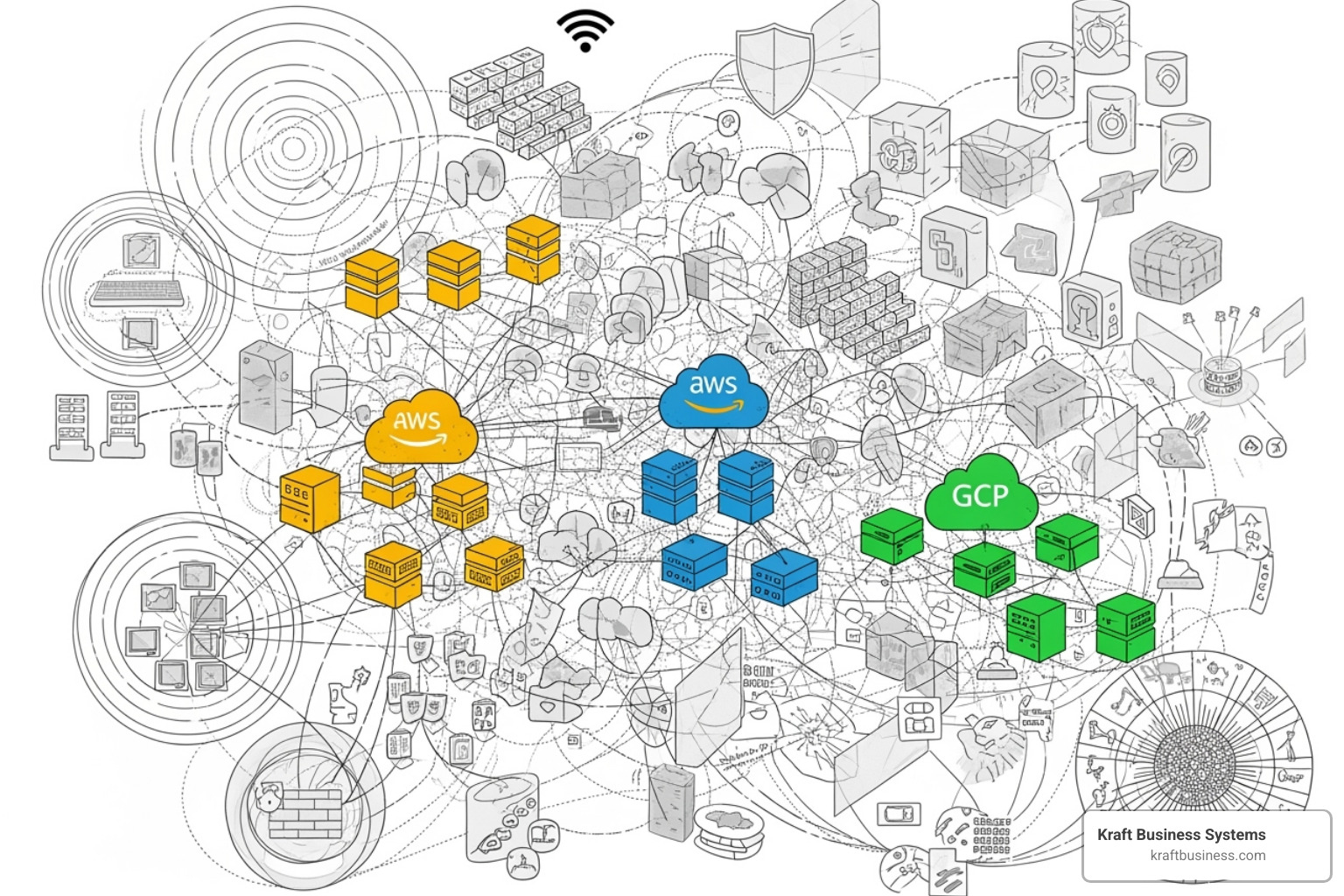 Complex multi-cloud architecture diagram showing interconnected networks, virtual machines, containers, serverless functions across different cloud providers (AWS, Azure, GCP) with various security layers. - cloud security solution providers