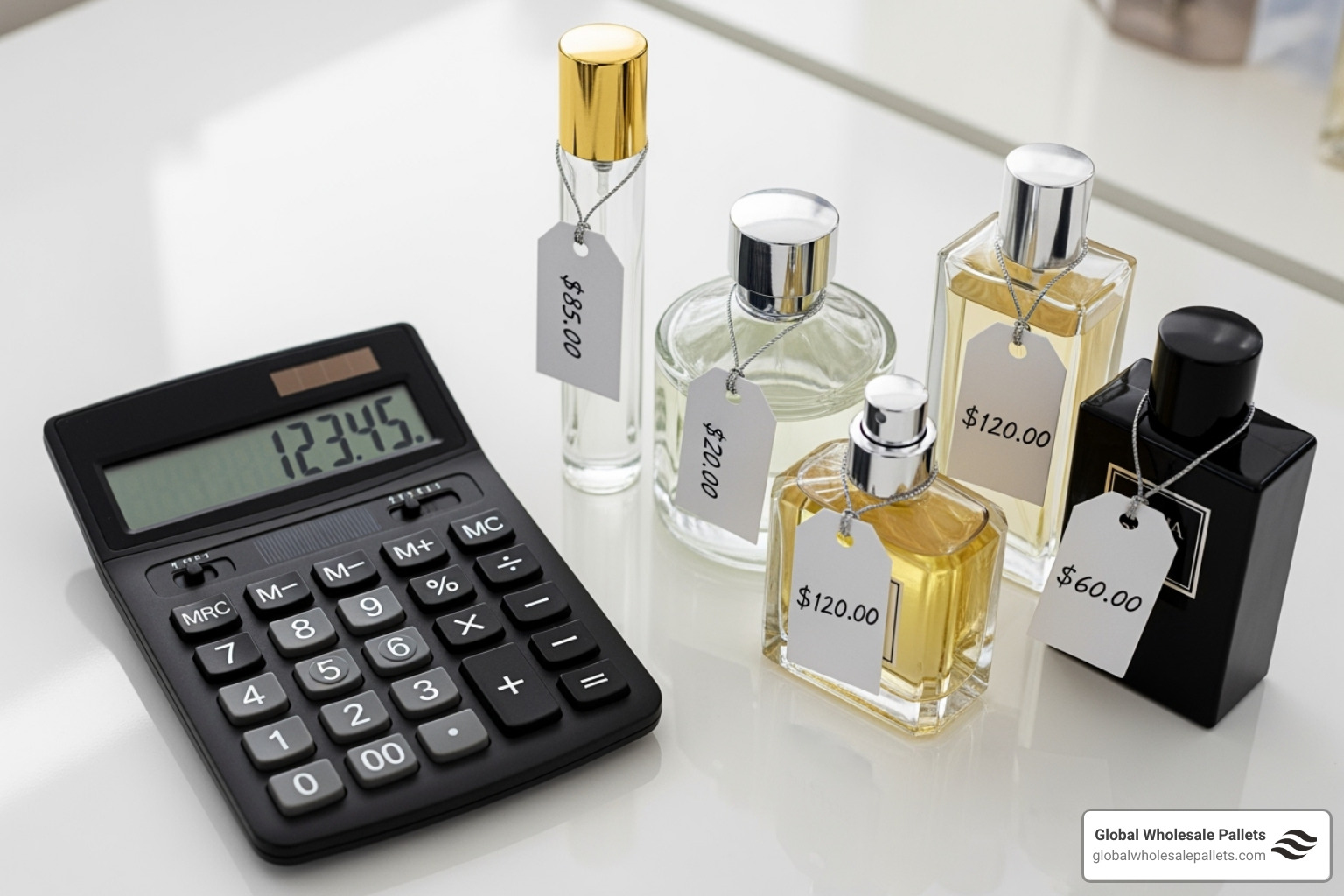 Calculator next to perfume bottles with price tags - Buy Perfume And Cosmetic Pallets For Resale