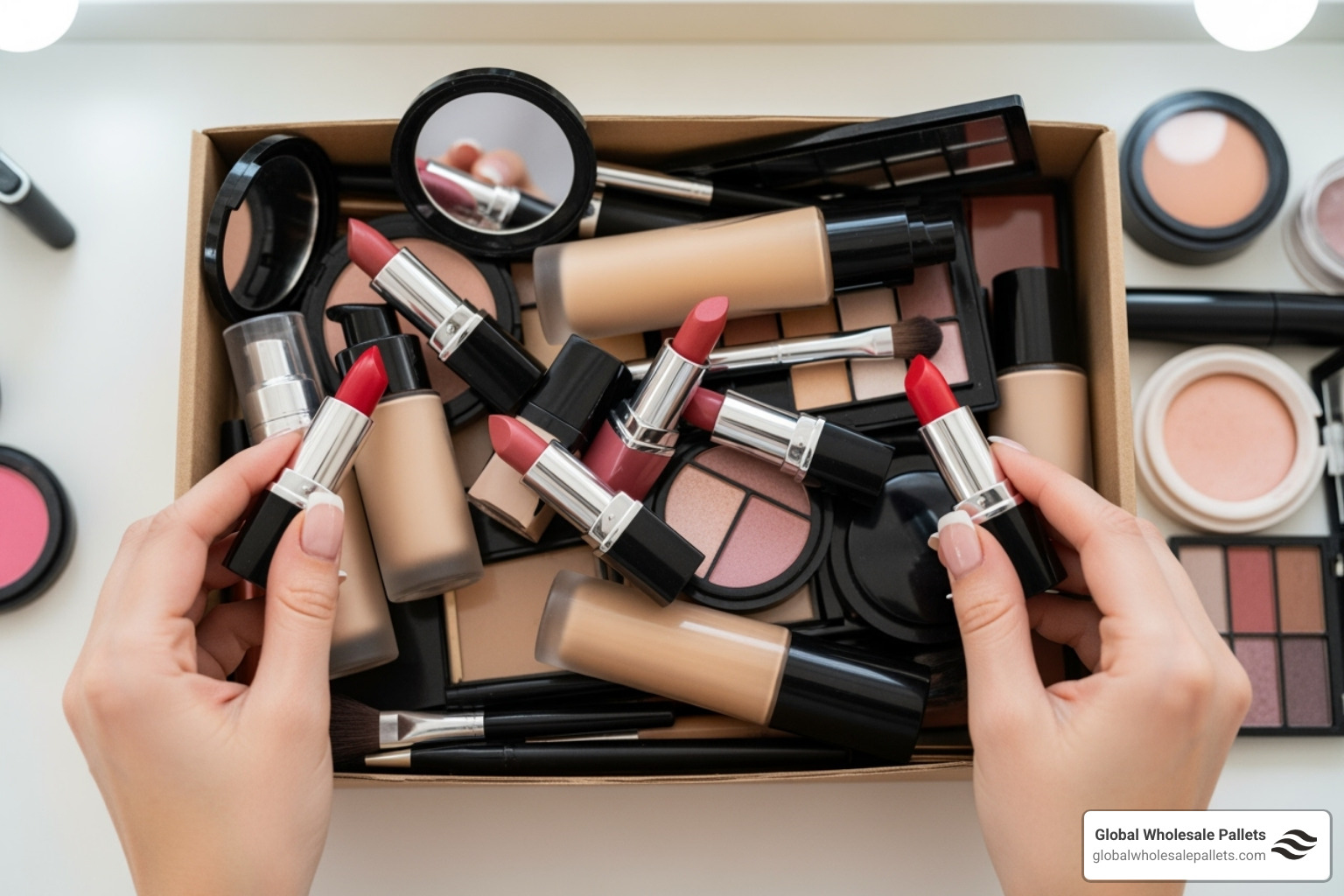 Person sorting through a box of mixed cosmetics like lipstick, foundation, and eyeshadow palettes - Buy Perfume And Cosmetic Pallets For Resale