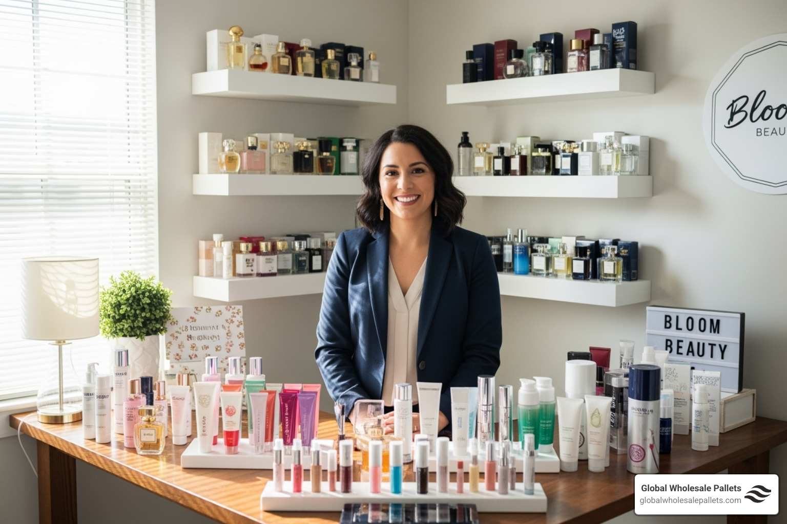 Successful small business owner with their beauty product inventory - Buy Perfume And Cosmetic Pallets For Resale