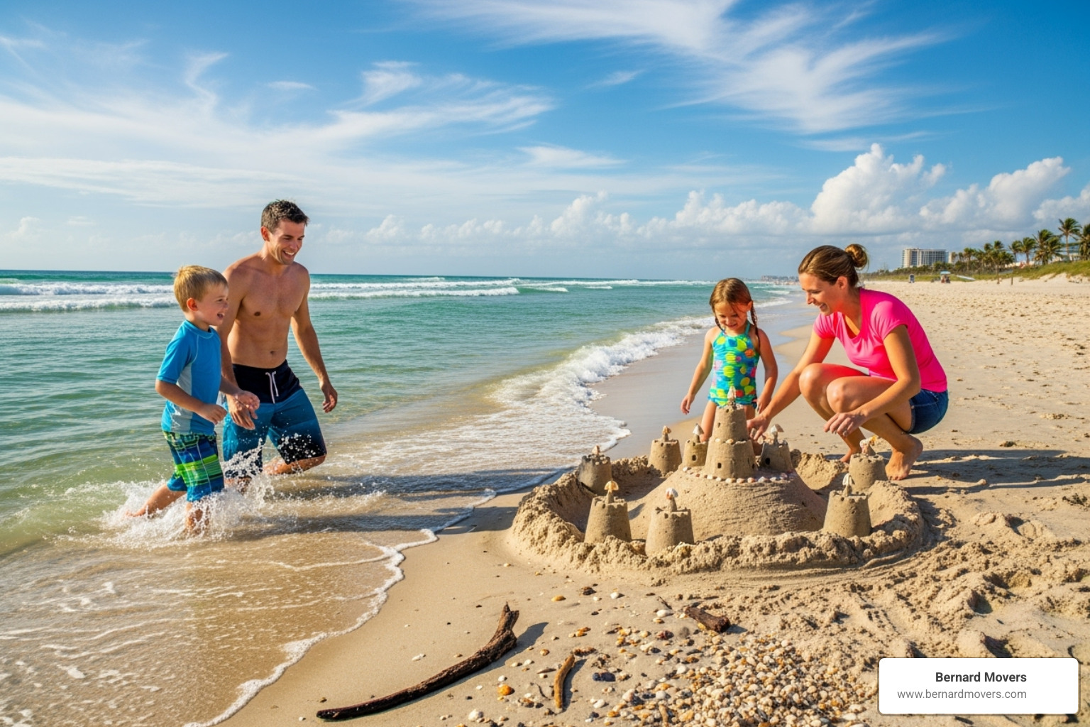 Family enjoying a sunny day on a Florida beach - Moving from Illinois