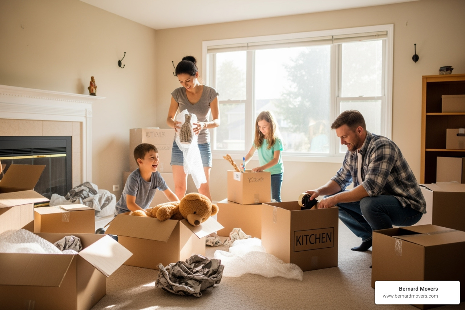 Family packing moving boxes in a Chicago-area home - Moving from Illinois