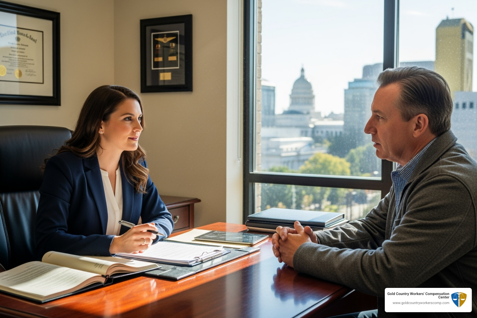A professional lawyer meeting with a client in a Sacramento office setting - disability lawyers sacramento
