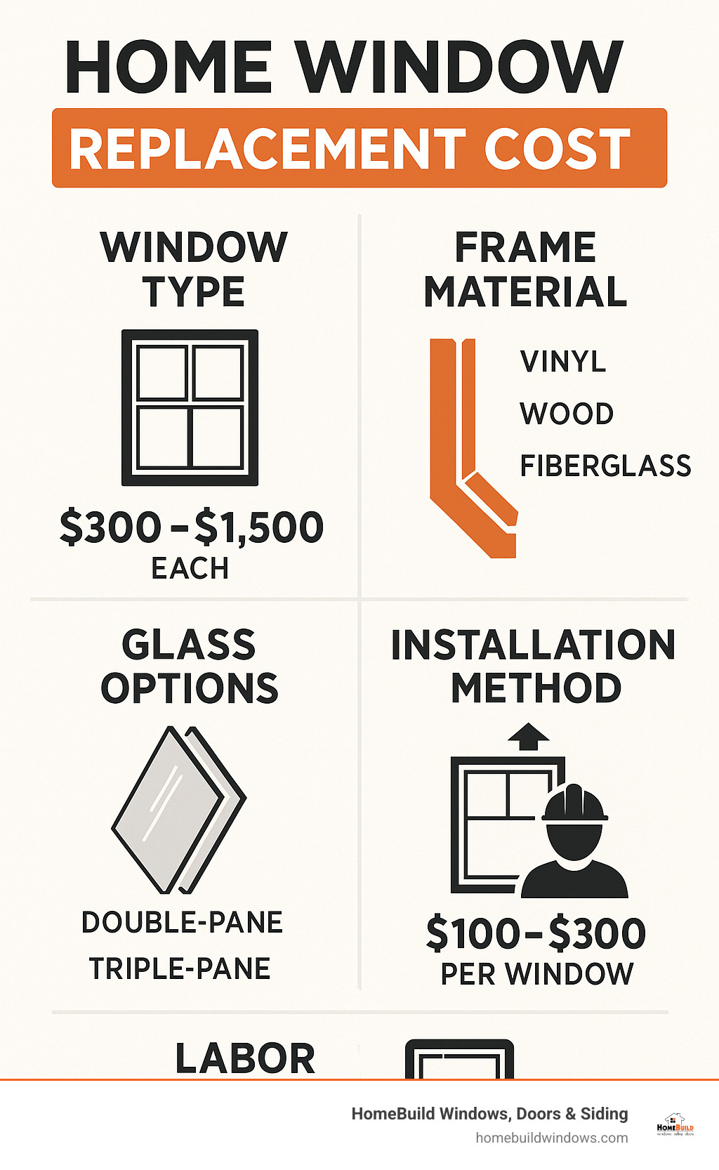 Detailed breakdown of home window replacement cost factors including window type, frame material, glass options, installation method, and labor costs with price ranges for each category - home window replacement cost infographic 