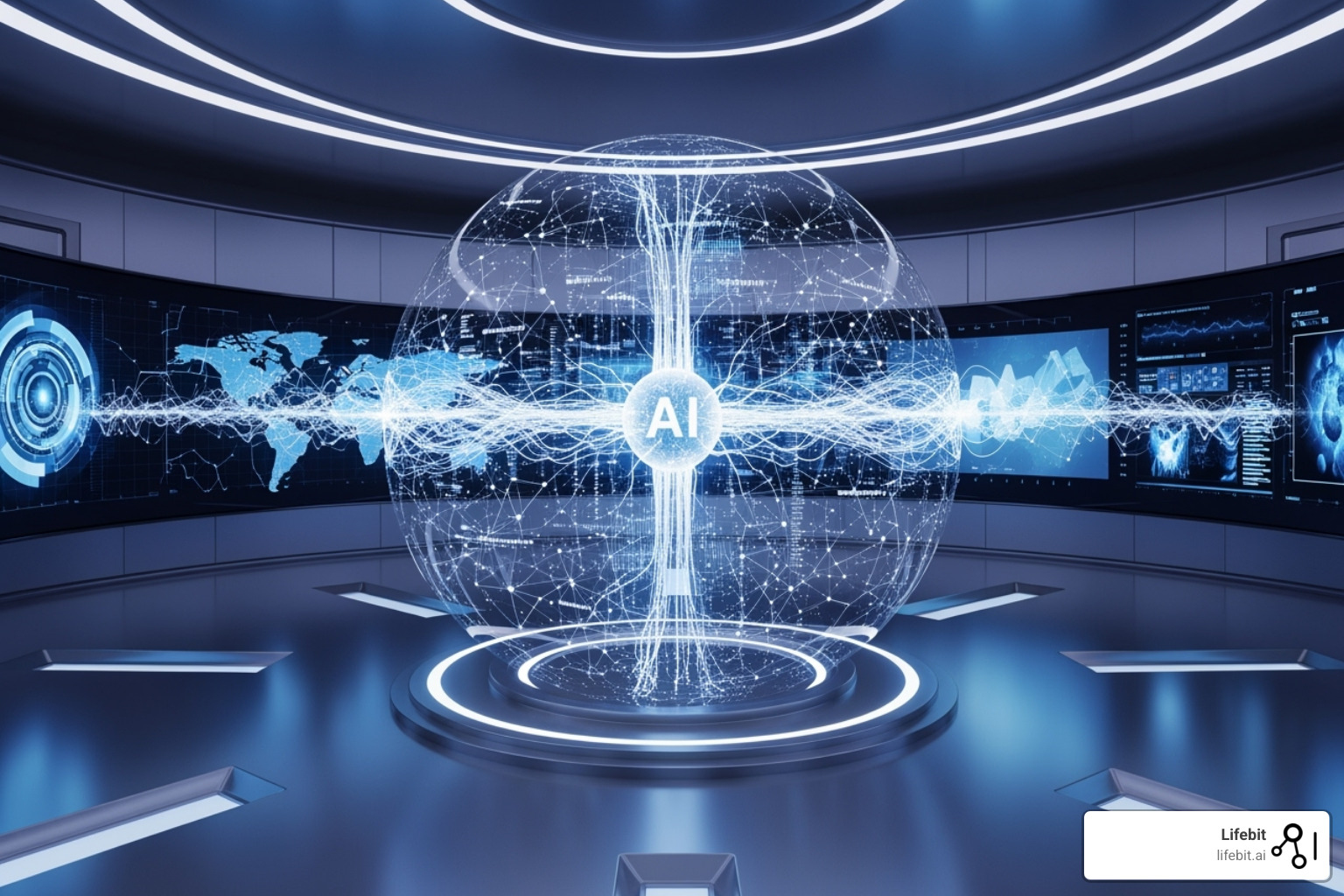 futuristic concept showing AI models continually learning and adapting to new global health data streams - AI for Pharmacovigilance