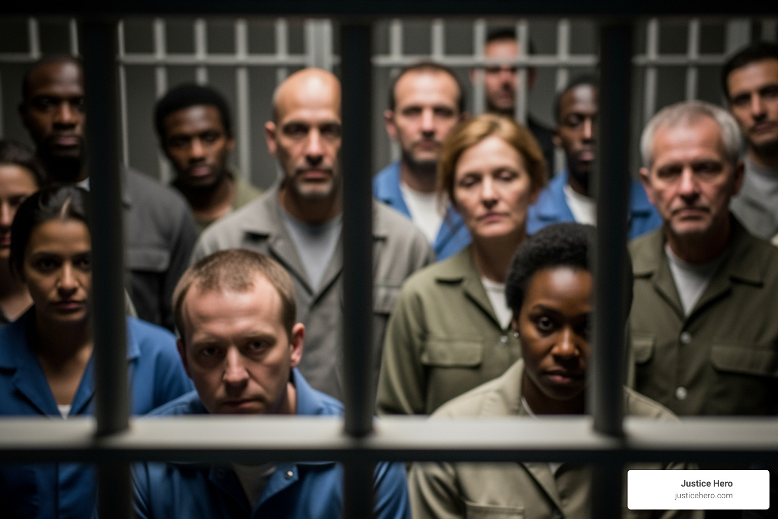A diverse group of people behind blurred prison bars - jail rape