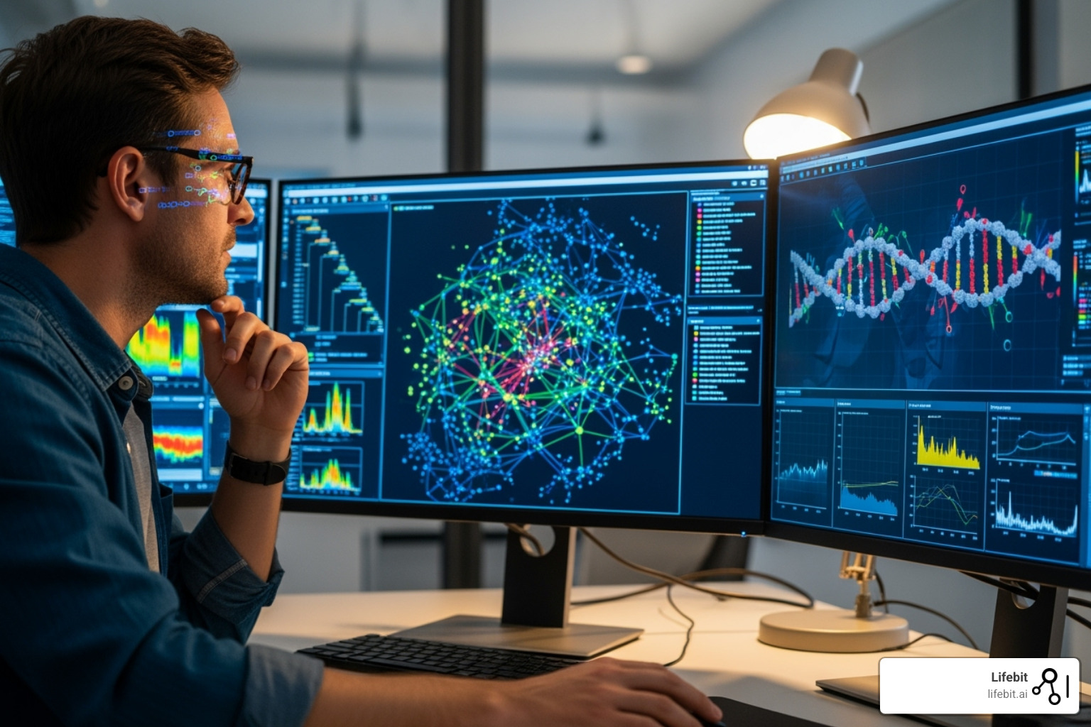 A data scientist analyzing complex multi-omic data on a screen - AI for Clinical Trials
