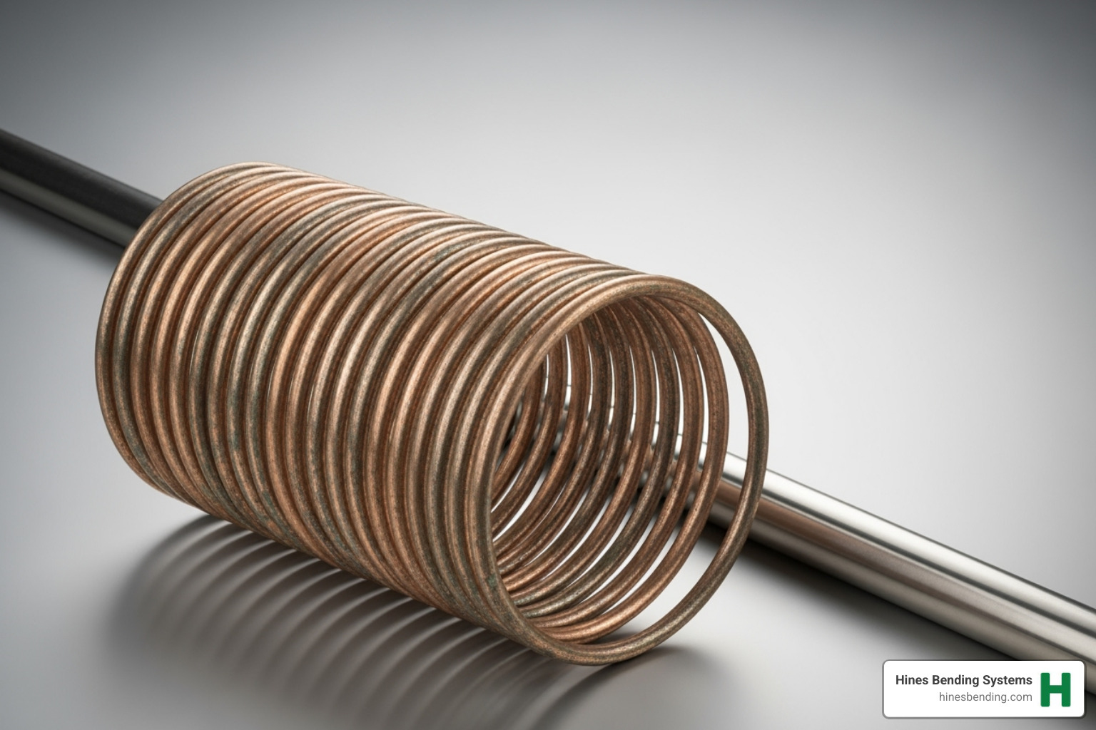 coiled copper-nickel tubing next to a straight steel tube - copper brake pipe bender