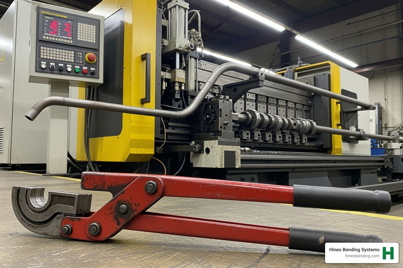 simple handheld bender alongside a Hines industrial CNC bender - copper brake pipe bender