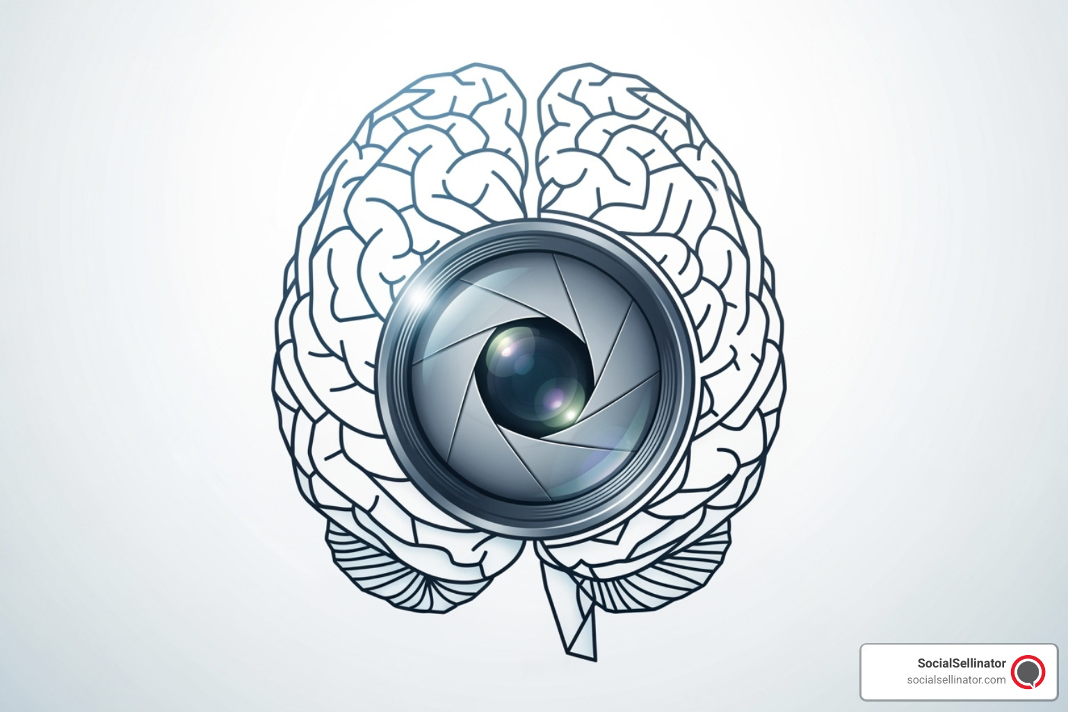 Stylized brain graphic intertwined with a camera lens representing the concept of "Looks vs. Brains" - visual content agency