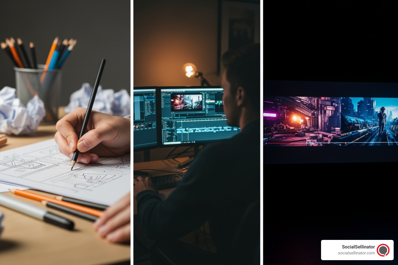 Stages of a creative workflow, from a storyboard sketch to a final video frame - visual content agency