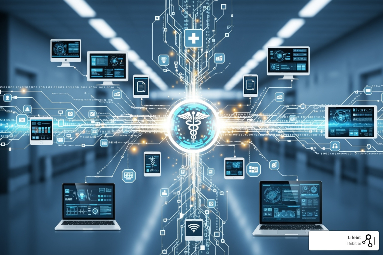 A vibrant illustration depicting the benefits of interoperability: a smiling patient accessing their records on a tablet, an efficient doctor consulting a unified digital patient chart, and a researcher finding insights from interconnected data - Clinical data interoperability