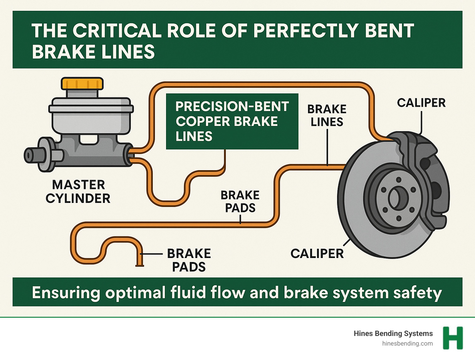 Detailed infographic showing brake system components including master cylinder, brake lines, calipers, and brake pads with emphasis on how precision-bent copper brake lines ensure optimal fluid flow and system safety - copper brake pipe bender infographic 
