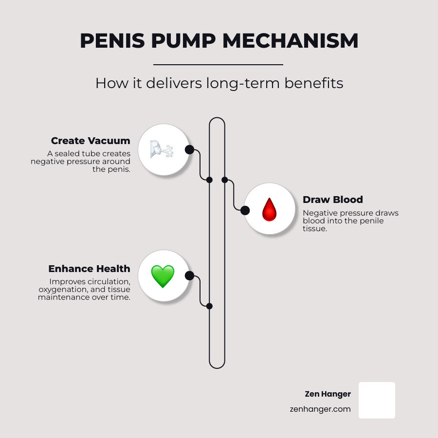 Long-term benefits infographic showing vacuum mechanism: sealed tube creates negative pressure, drawing blood into penile tissue for improved circulation, oxygenation, and tissue health maintenance over time - long term benefits of penis pump infographic infographic-line-3-steps-neat_beige