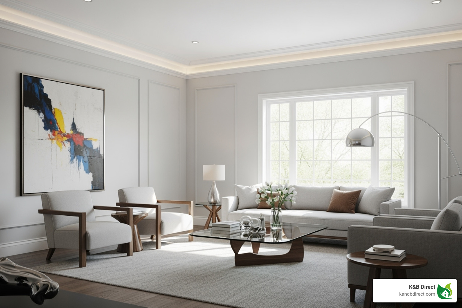 image of a modern room with simple, clean-lined crown moulding - crown moulding