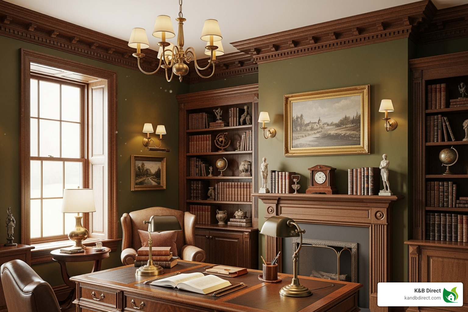 image of stained oak crown moulding in a traditional study - crown moulding