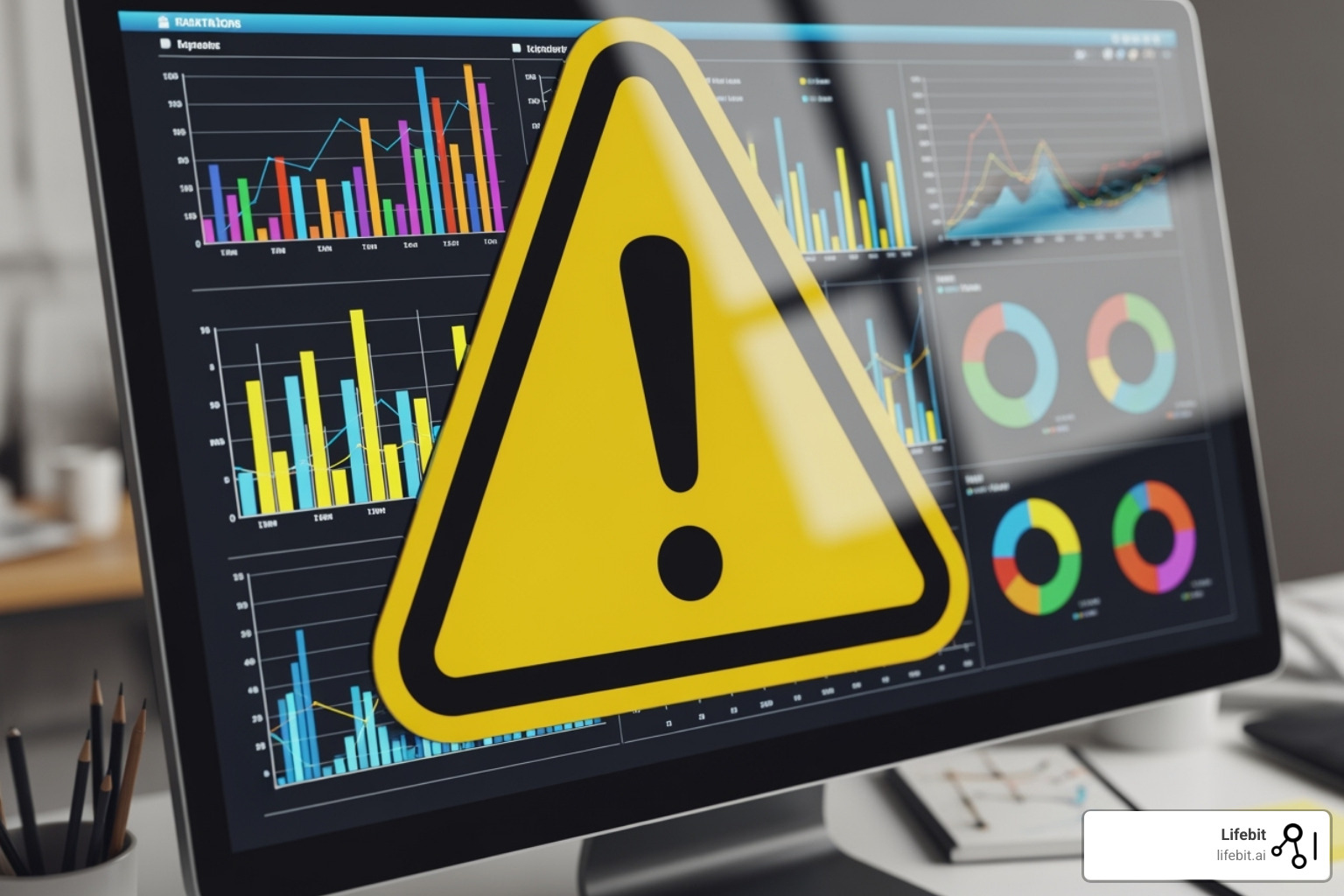 Warning sign over a computer screen showing data charts - HIPAA-compliant data analytics