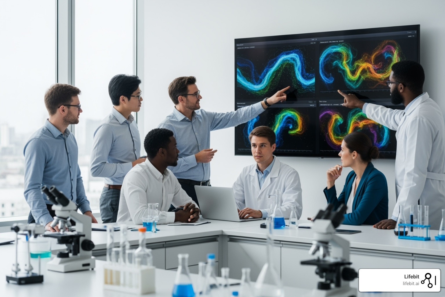 Diverse team of researchers collaborating around a large screen with data visualizations - HIPAA-compliant data analytics