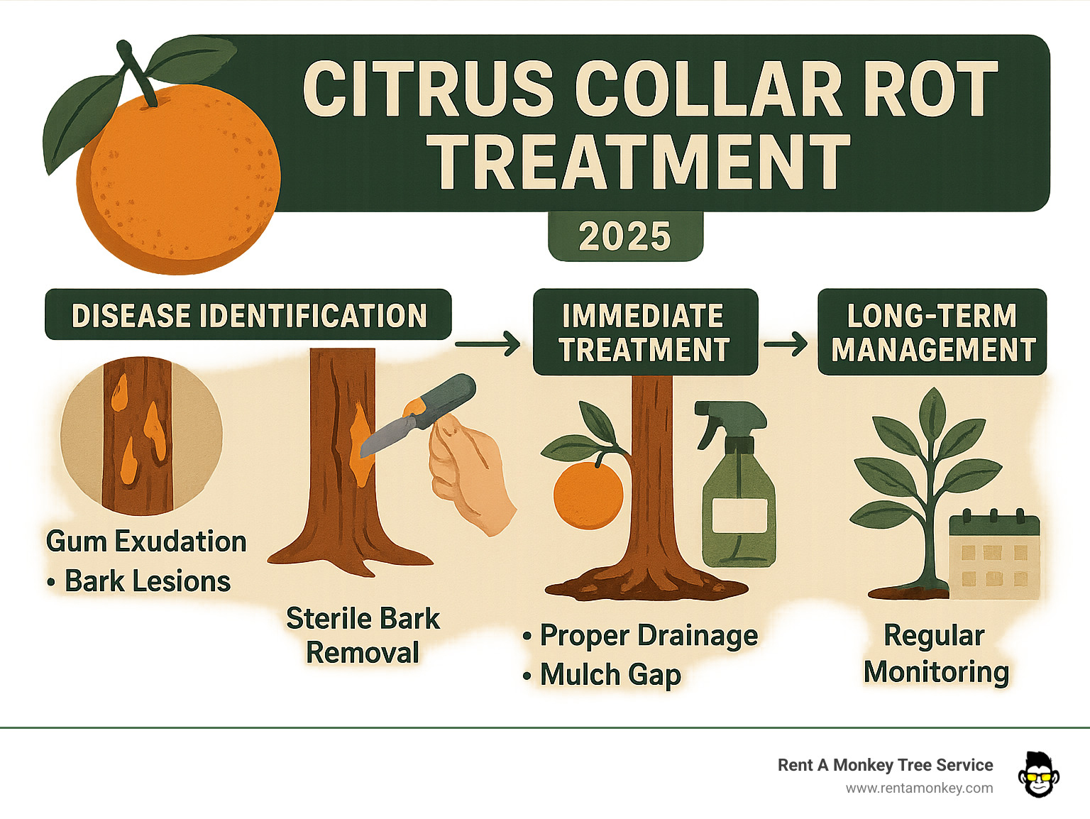 Comprehensive citrus collar rot treatment flowchart showing disease identification with gum exudation and bark lesions, immediate treatment steps including sterile bark removal and copper fungicide application, cultural prevention methods like proper drainage and mulch gaps, and long-term management with resistant rootstocks and regular monitoring schedules - citrus collar rot treatment infographic 
