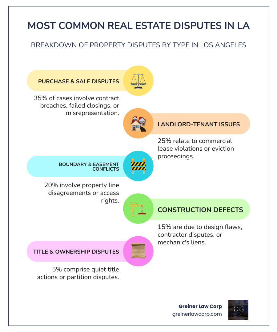 Infographic showing the most common types of real estate disputes in California: 35% Purchase and Sale Disputes, 25% Landlord-Tenant Issues, 20% Boundary and Easement Conflicts, 15% Construction Defects, and 5% Title and Ownership Disputes - real estate litigation los angeles infographic infographic-line-5-steps-colors