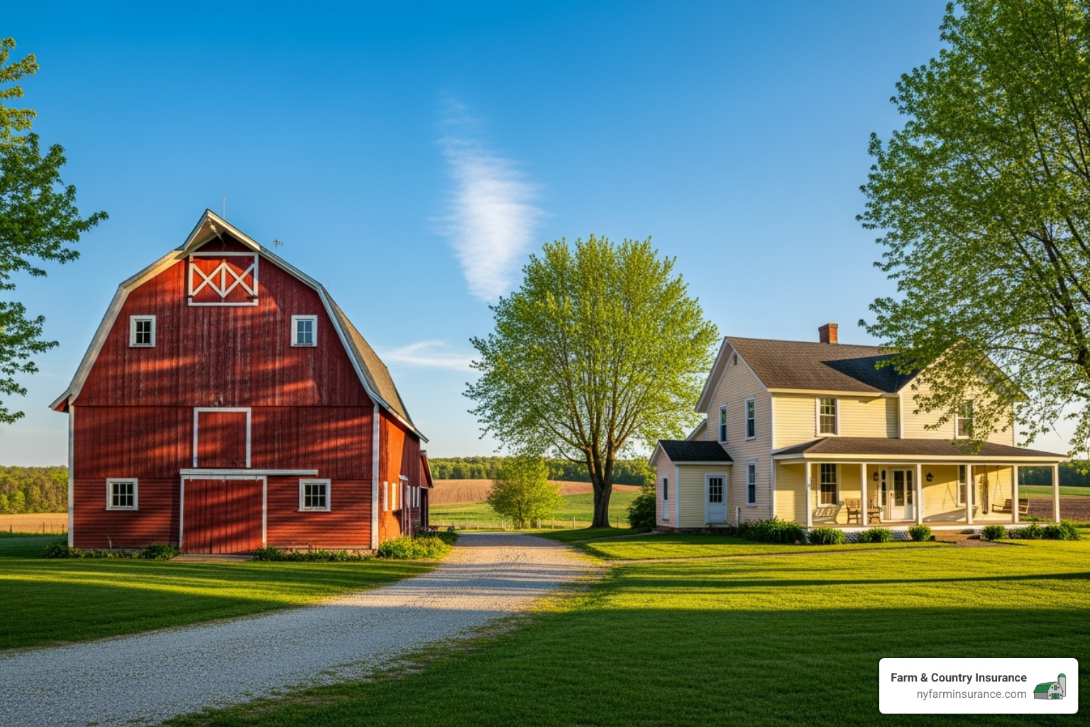 Image of a barn and a home side-by-side to illustrate separate structures - hobby farm insurance brokers Image of a barn and a home side-by-side to illustrate separate structures - hobby farm insurance brokers