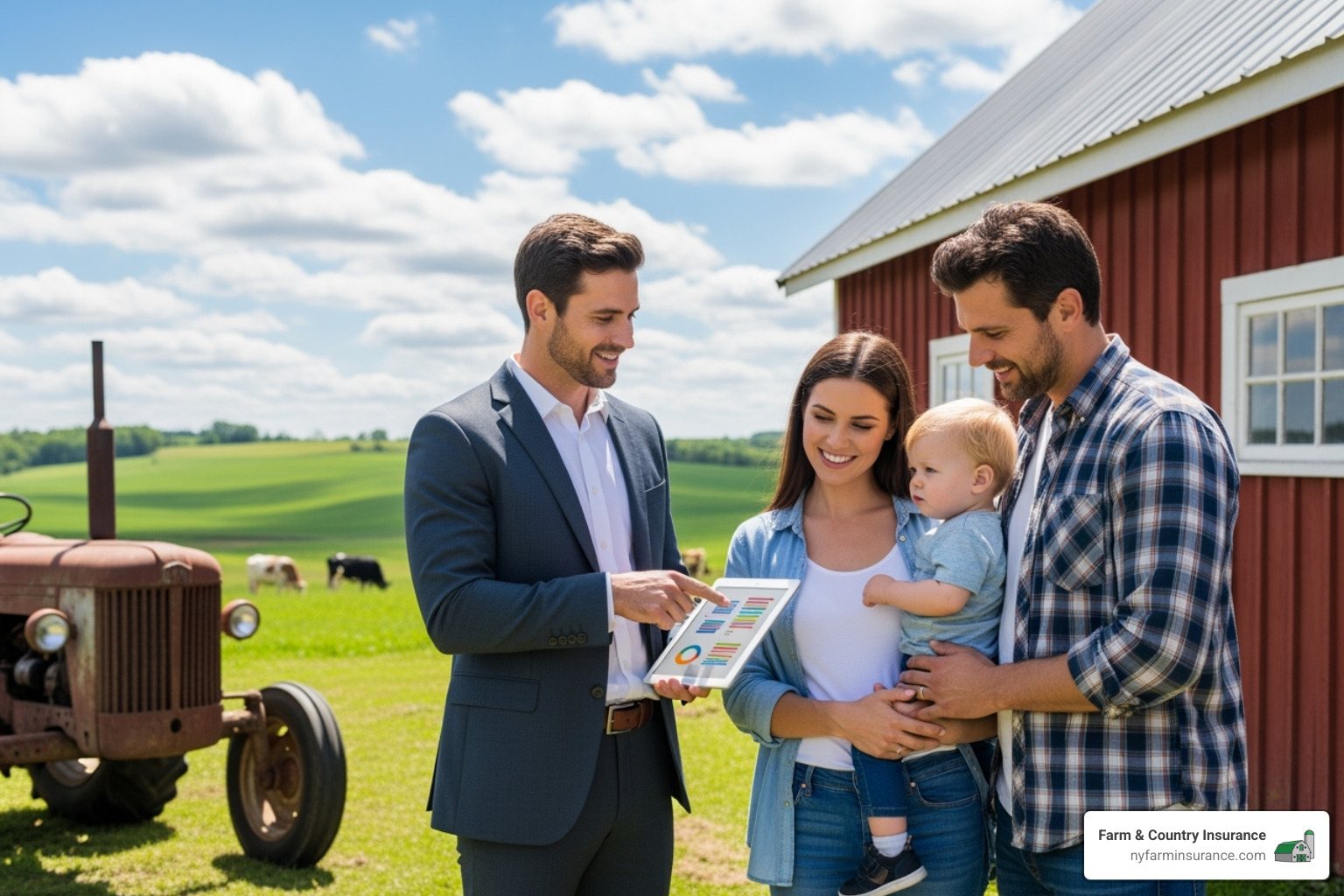 Image of an insurance broker meeting with a family on their farm property - hobby farm insurance brokers Image of an insurance broker meeting with a family on their farm property - hobby farm insurance brokers