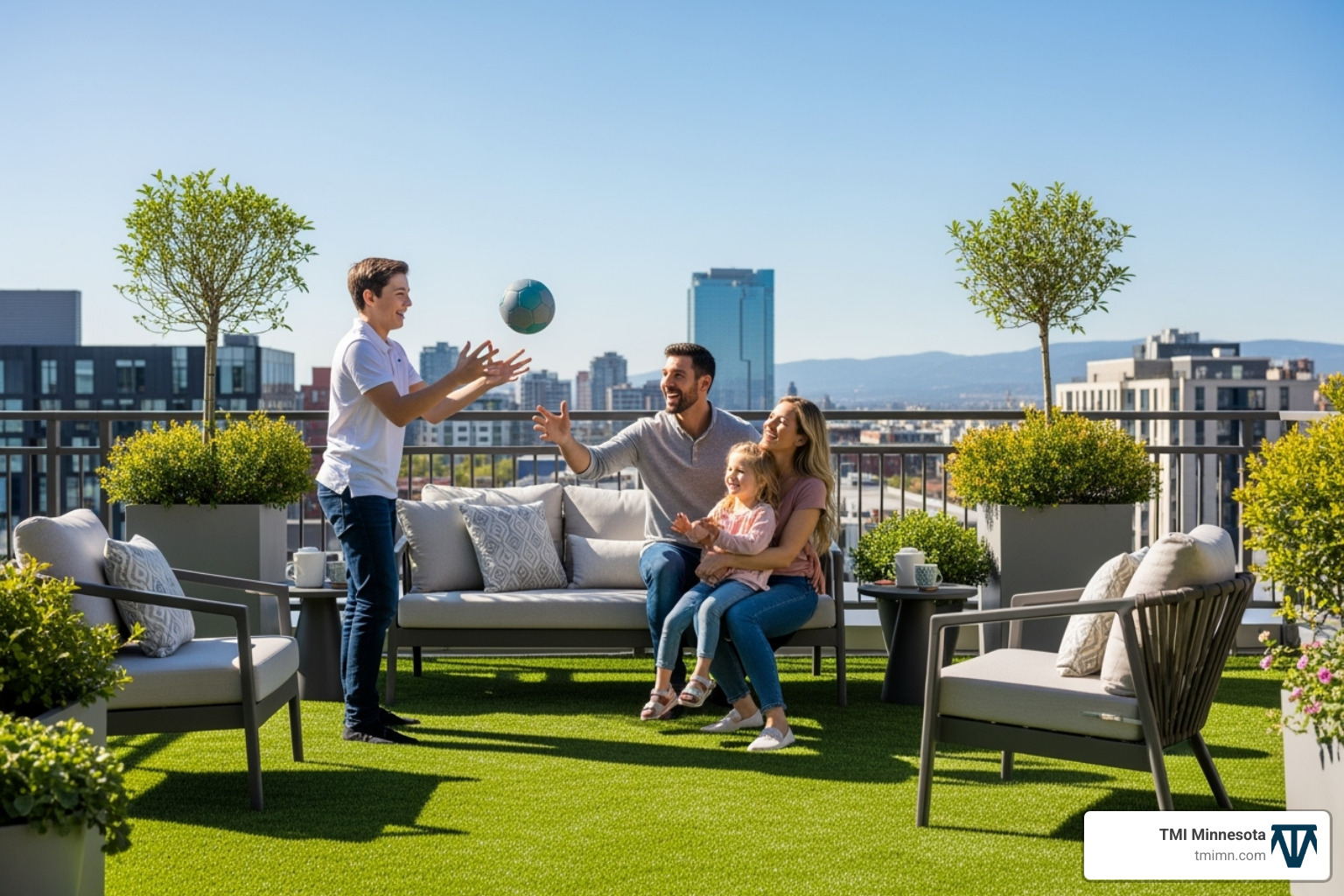 family enjoying their lush, green rooftop patio - artificial grass for rooftops family enjoying their lush, green rooftop patio - artificial grass for rooftops