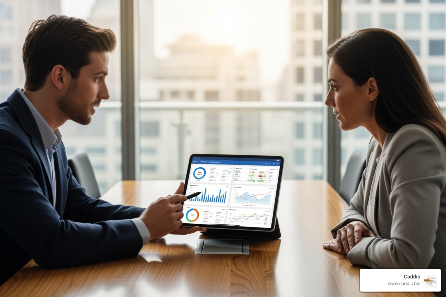 A consultant presenting a data analytics dashboard on a tablet to a client - sales strategy consulting