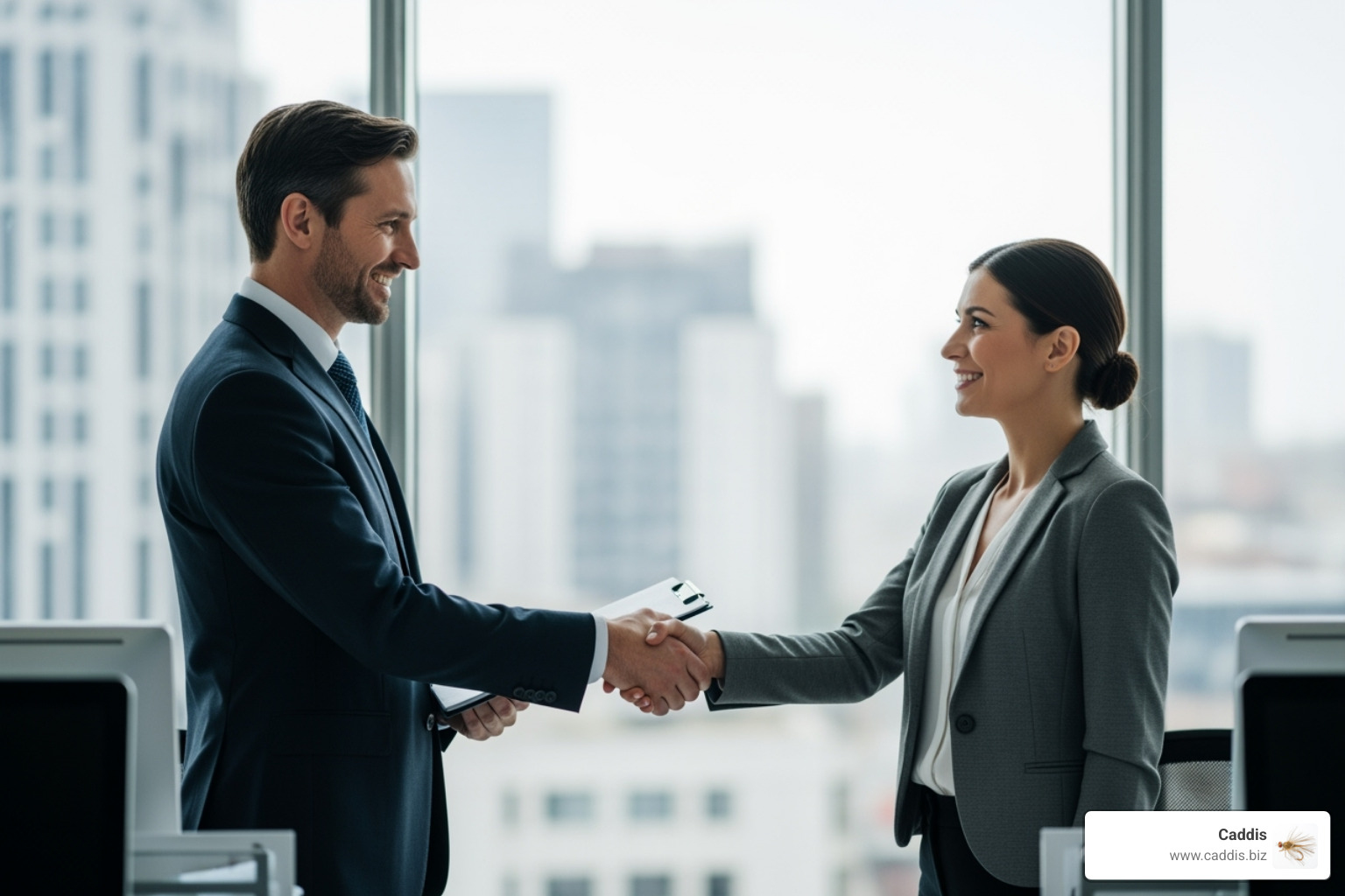A business owner shaking hands with a consultant, smiling - sales strategy consulting