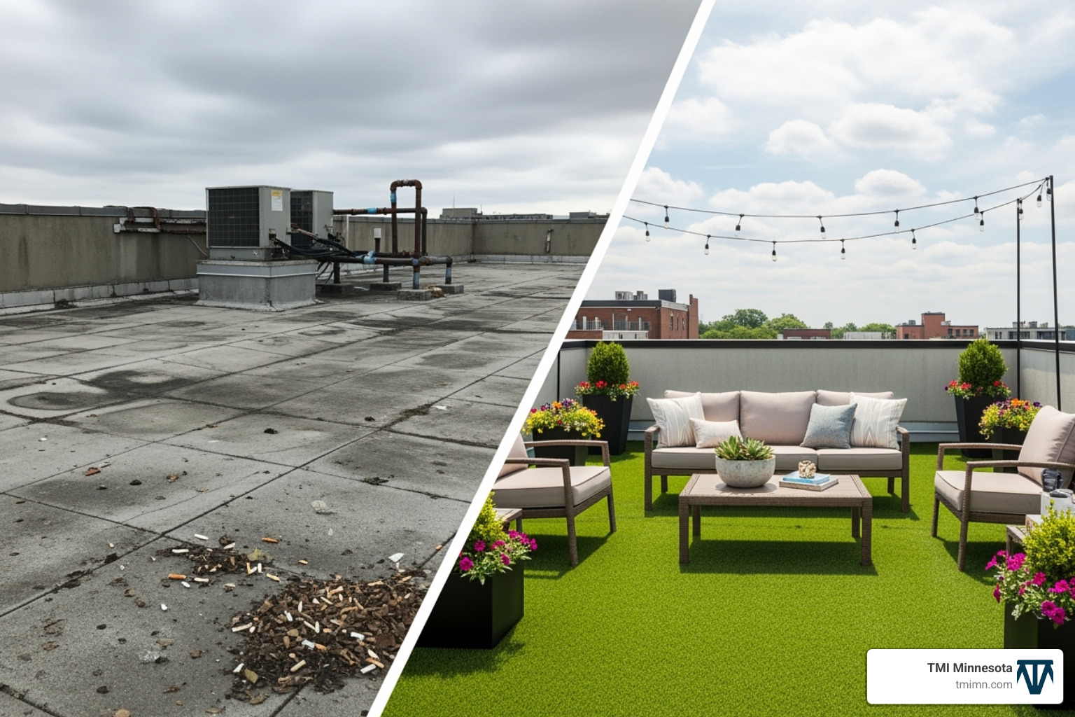 split-view showing a drab concrete rooftop next to a vibrant green turf-covered rooftop - artificial grass for rooftops split-view showing a drab concrete rooftop next to a vibrant green turf-covered rooftop - artificial grass for rooftops