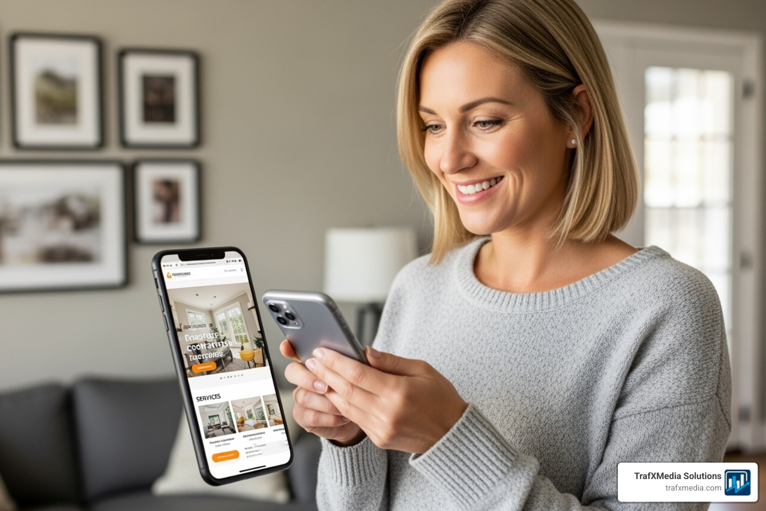 Image of a smiling, white female homeowner on her phone, looking at a contractor's mobile-friendly website. - Google ads for contractors Image of a smiling, white female homeowner on her phone, looking at a contractor's mobile-friendly website. - Google ads for contractors