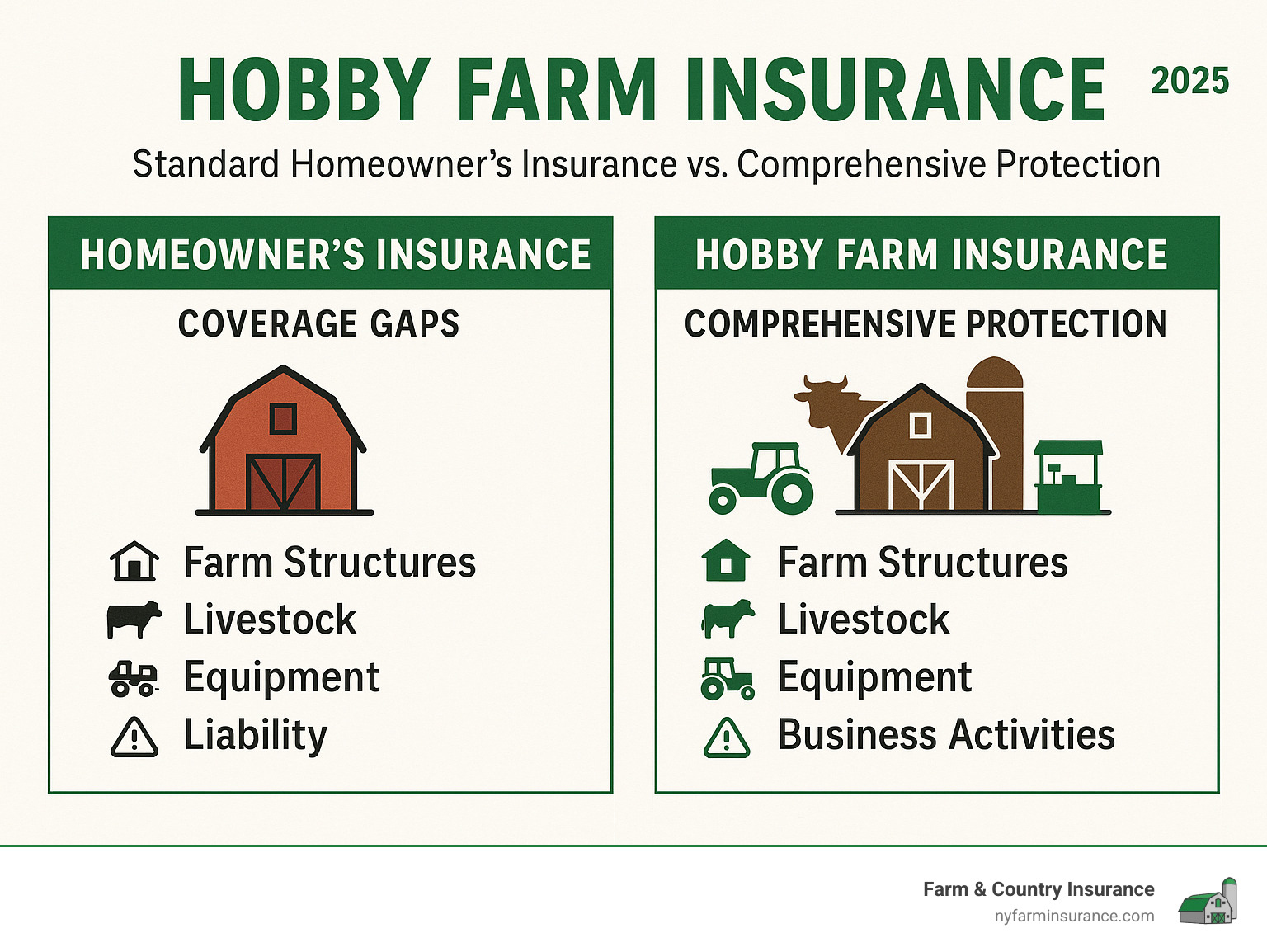 Infographic showing comparison between standard homeowner's insurance coverage gaps versus comprehensive hobby farm insurance protection, including coverage for farm structures, livestock, equipment, liability, and business activities - hobby farm insurance brokers infographic Infographic showing comparison between standard homeowner's insurance coverage gaps versus comprehensive hobby farm insurance protection, including coverage for farm structures, livestock, equipment, liability, and business activities - hobby farm insurance brokers infographic