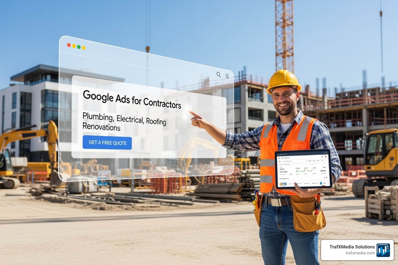 Image of a Google search result for a contractor, with callouts highlighting the different ad extensions in use by a Caucasian contractor. - Google ads for contractors Image of a Google search result for a contractor, with callouts highlighting the different ad extensions in use by a Caucasian contractor. - Google ads for contractors