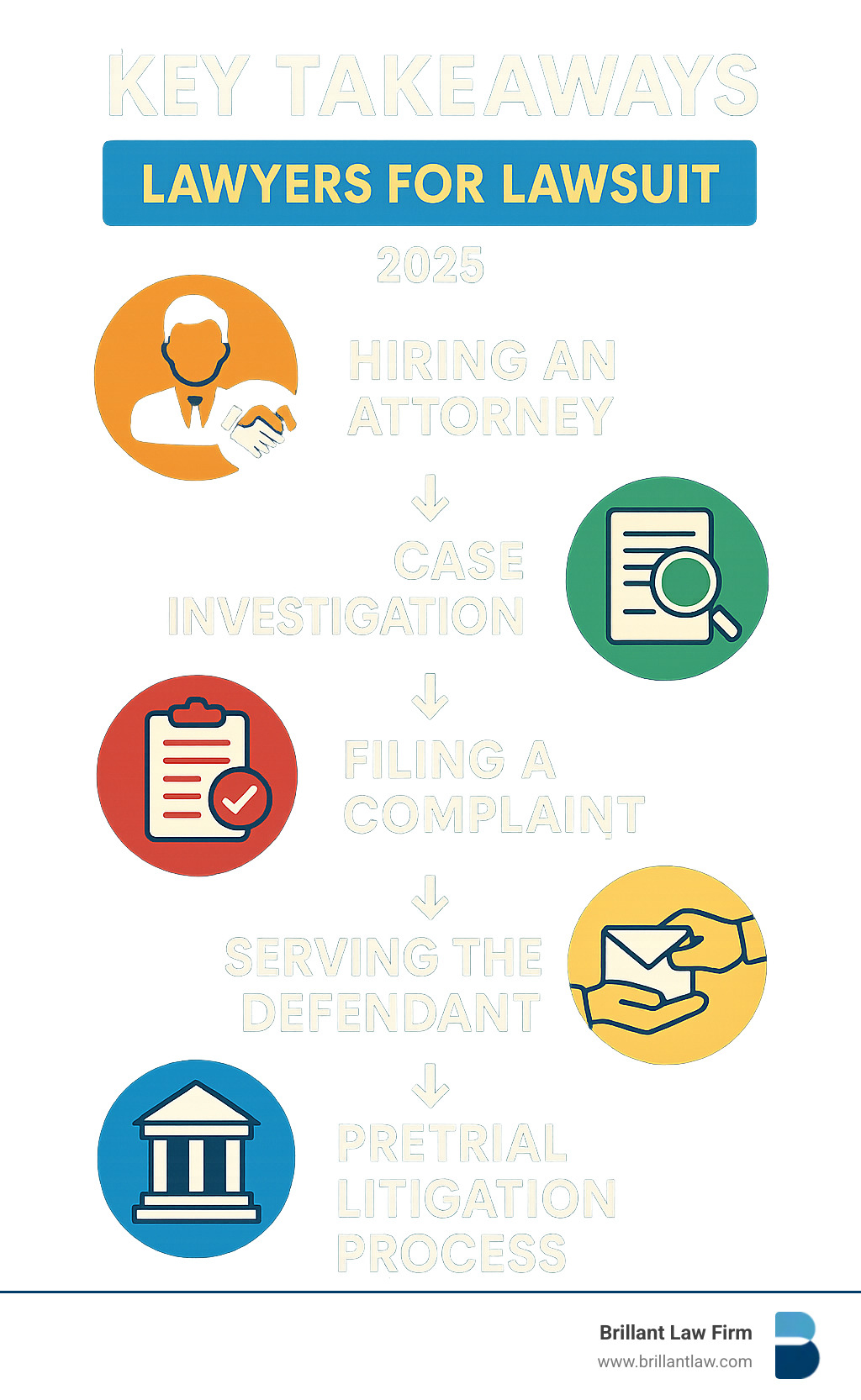 Infographic summarizing key takeaways for finding and working with a lawsuit lawyer - lawyers for lawsuit infographic 