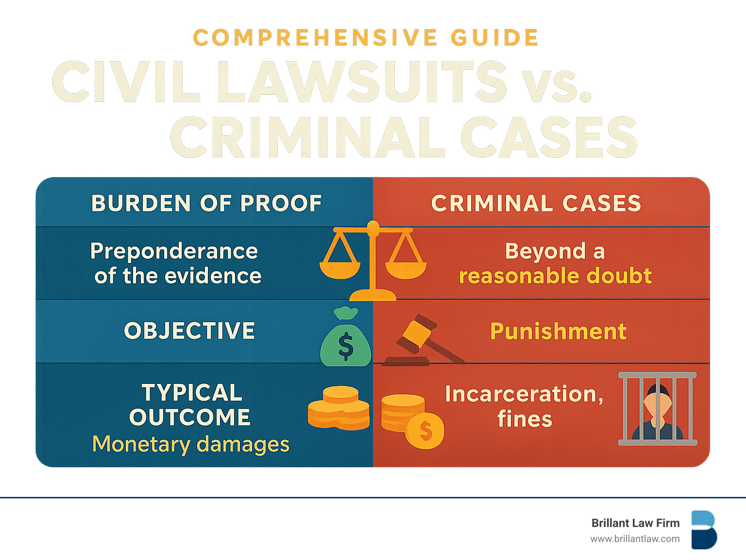 Comprehensive guide showing the differences between civil lawsuits and criminal cases, including burden of proof standards, objectives (remedy vs punishment), and typical outcomes - lawyers for lawsuit infographic 