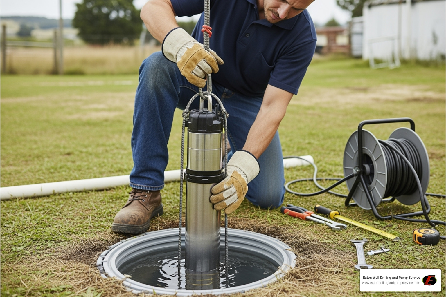 technician installing a submersible well pump - well services