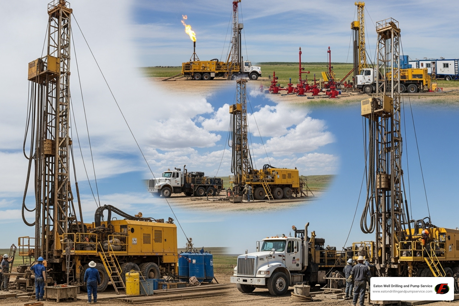 A diverse array of drilling rigs, showcasing both rotary and cable tool methods, working on different types of well projects - Well drilling services