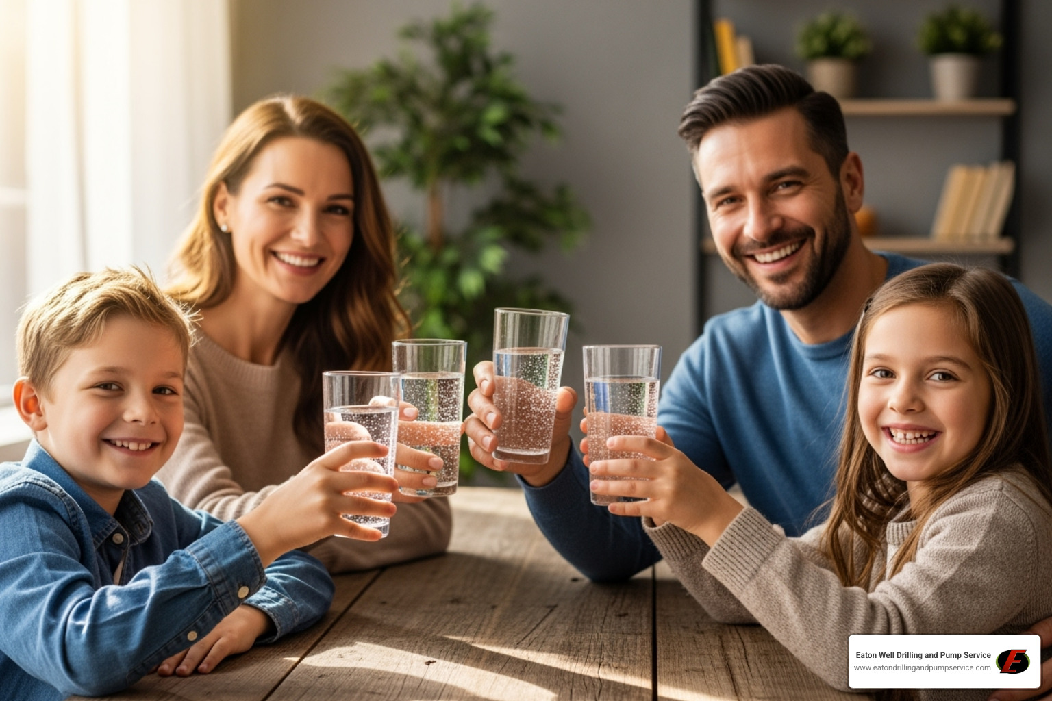 A family happily drinking fresh, clear water from glasses, symbolizing the benefits of a private well - Well drilling services