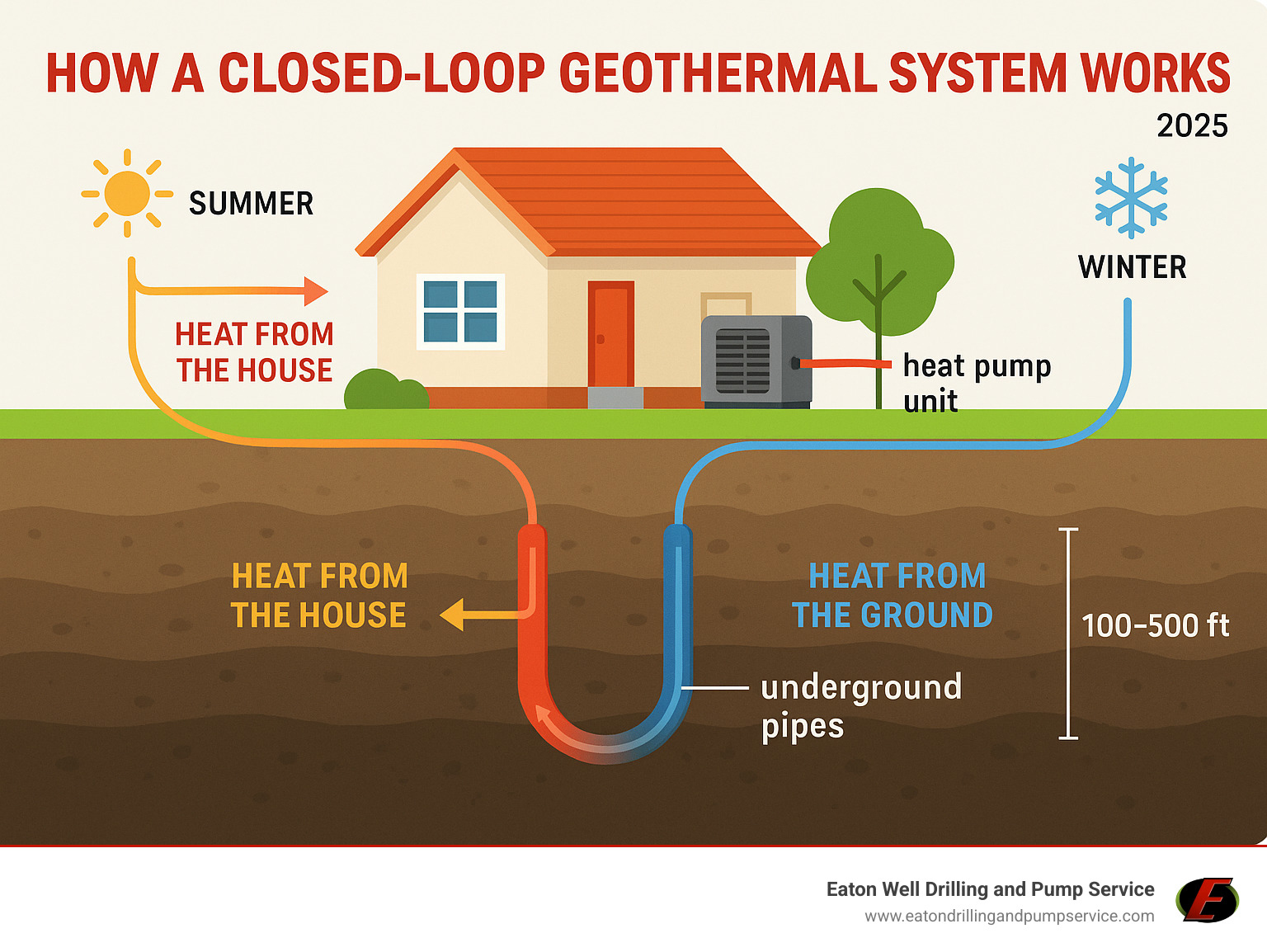 Detailed diagram showing how a closed-loop geothermal system works for residential heating and cooling, including underground pipes, heat pump unit, and seasonal heat transfer process - Drilling geothermal wells infographic 