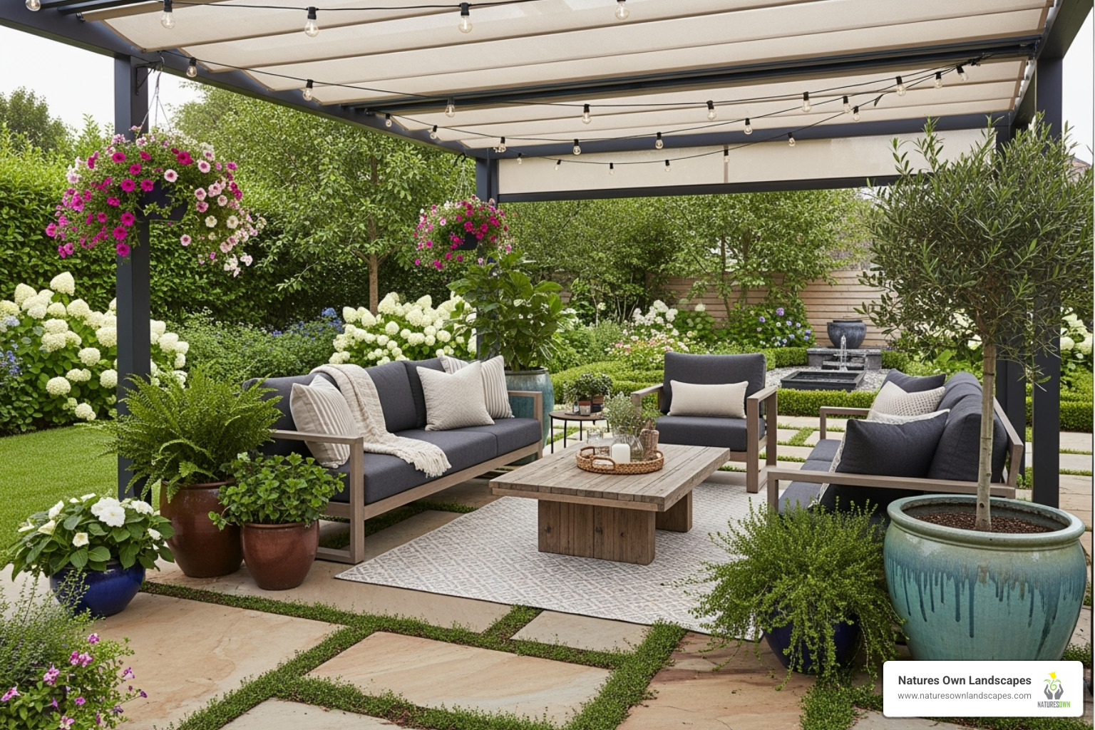 A beautifully designed patio with comfortable seating and container plants - Springfield lawn and garden