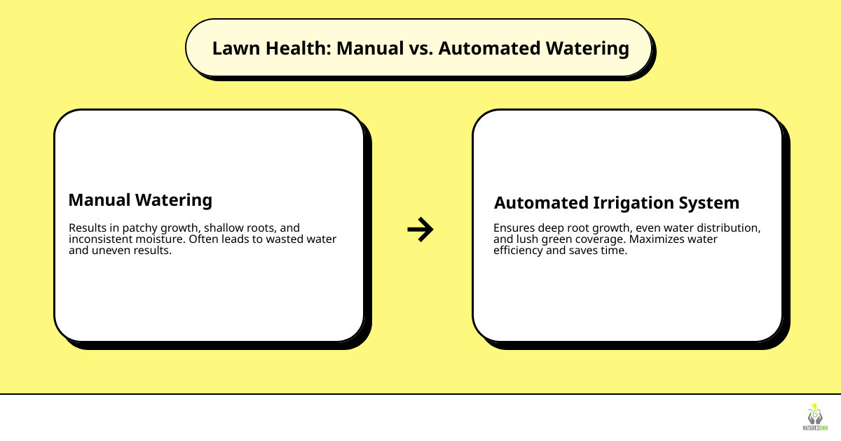 Infographic comparing a lawn with professional irrigation system showing deep root growth, even water distribution, and lush green coverage versus a manually watered lawn with patchy growth, shallow roots, and inconsistent moisture levels - Springfield irrigation system installation infographic cause_effect_text