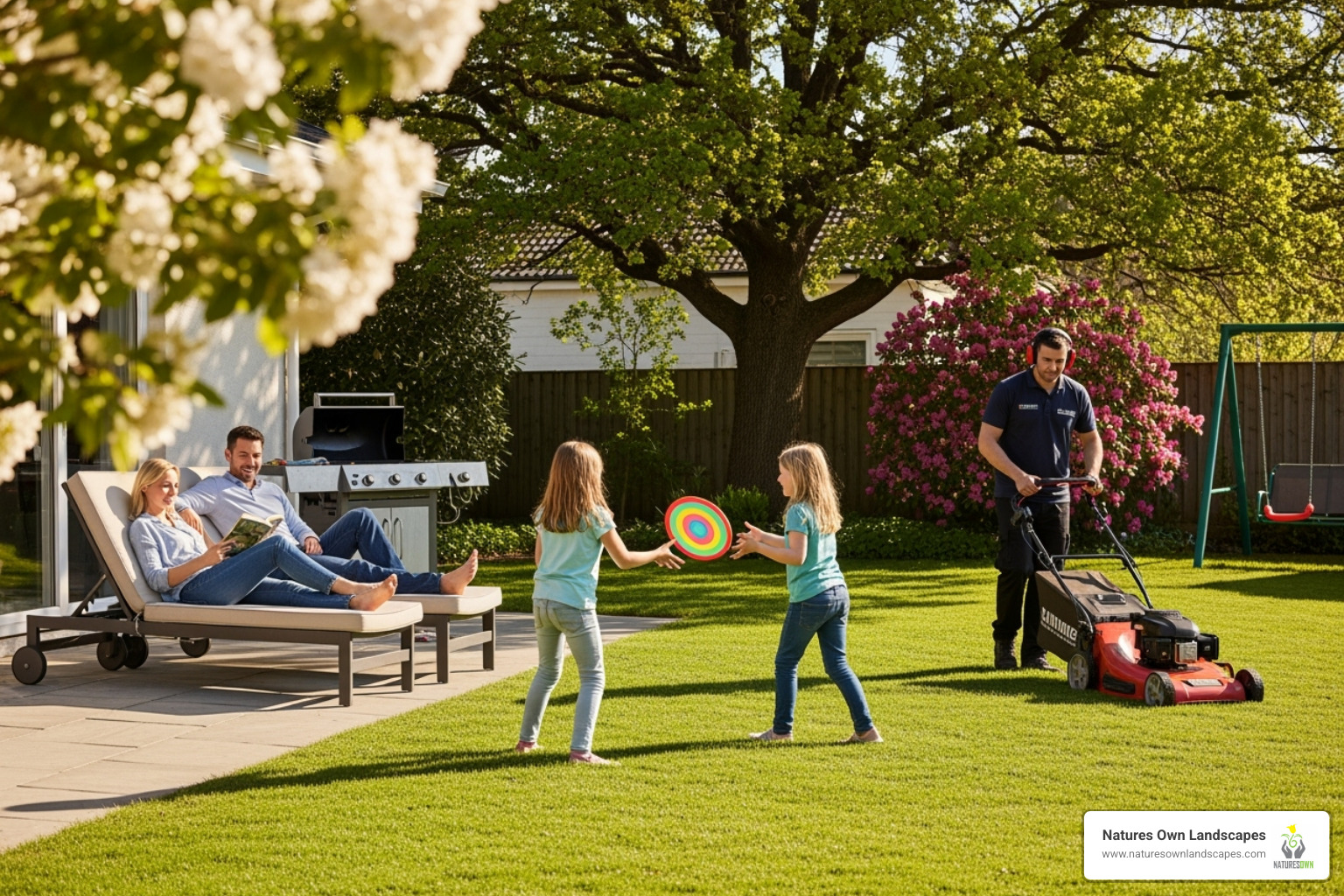 family enjoying backyard while professional works - lawn care services dayton ohio