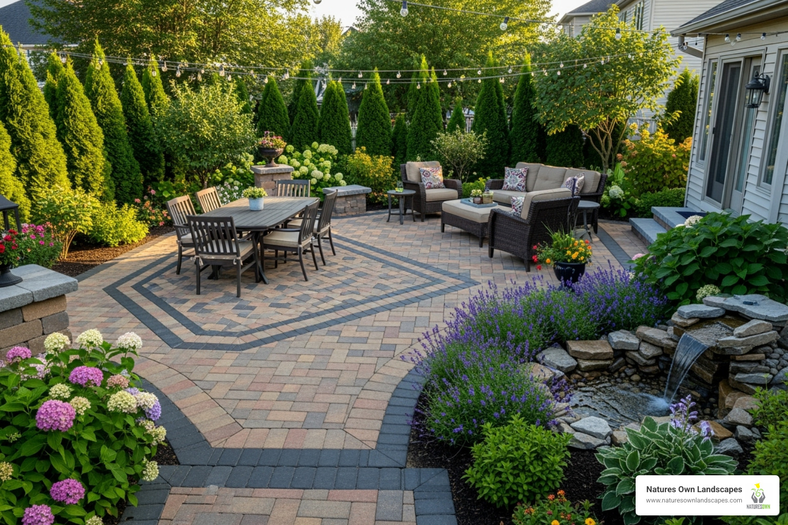 beautiful paver patio with intricate patterns - patios