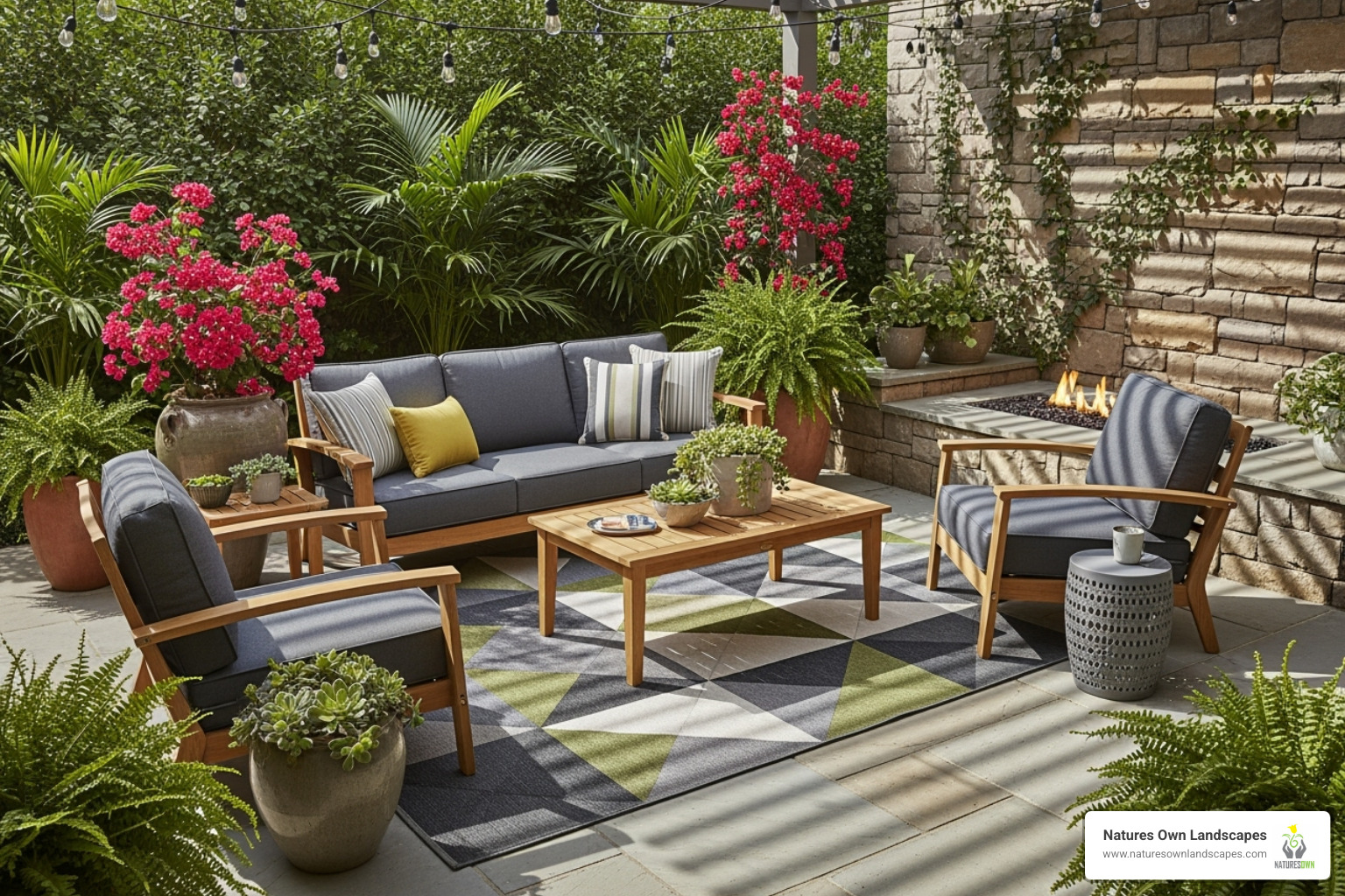 well-decorated patio with weatherproof furniture, an outdoor rug, and potted plants - patios