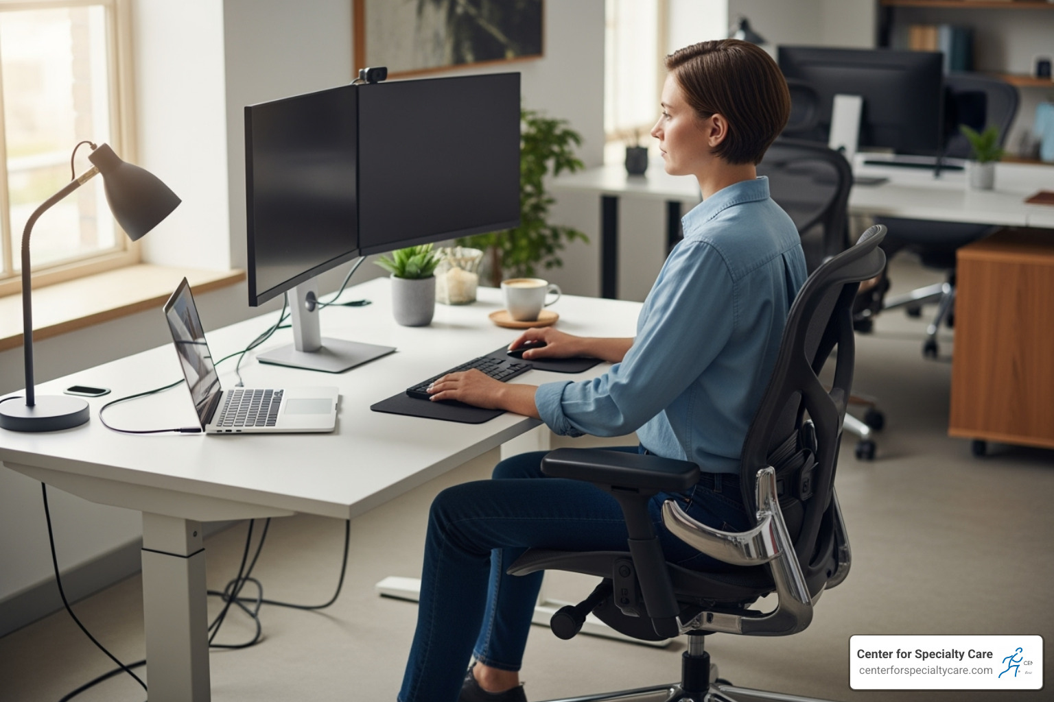 Image of a person sitting at a desk with proper ergonomic setup, including chair height, monitor placement, and keyboard/mouse position, to illustrate good posture - burning shoulder pain