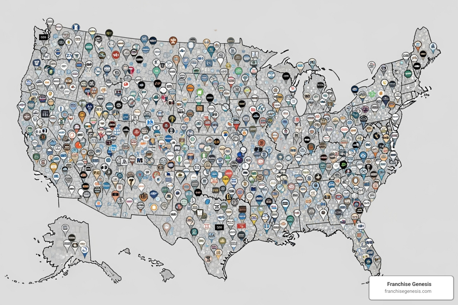 Map of the USA with multiple branded location pins spreading across it - Franchise financing companies