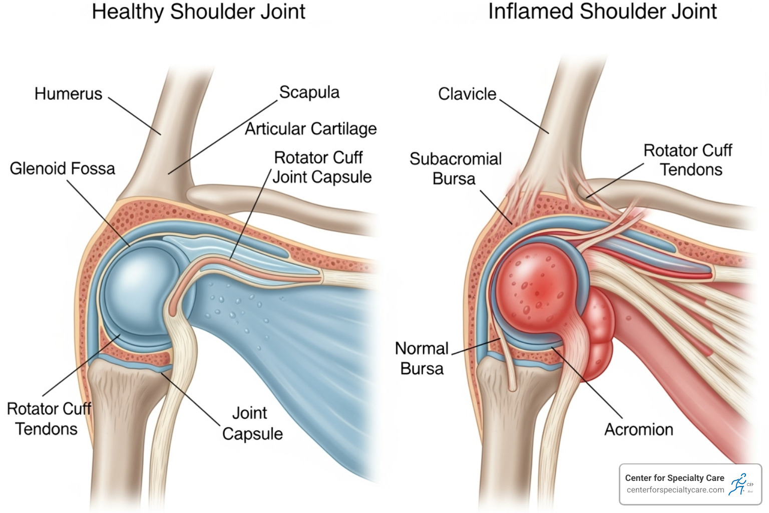 Image showing an inflamed bursa in the shoulder joint, highlighted in red, contrasting with a healthy bursa - burning shoulder pain