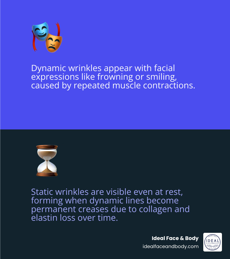 Infographic showing the difference between dynamic wrinkles caused by muscle movement during facial expressions and static wrinkles that are visible even when the face is at rest, illustrating how preventative Jeuveau works by relaxing muscles before static lines form - preventative jeuveau infographic 2_facts_emoji_blue
