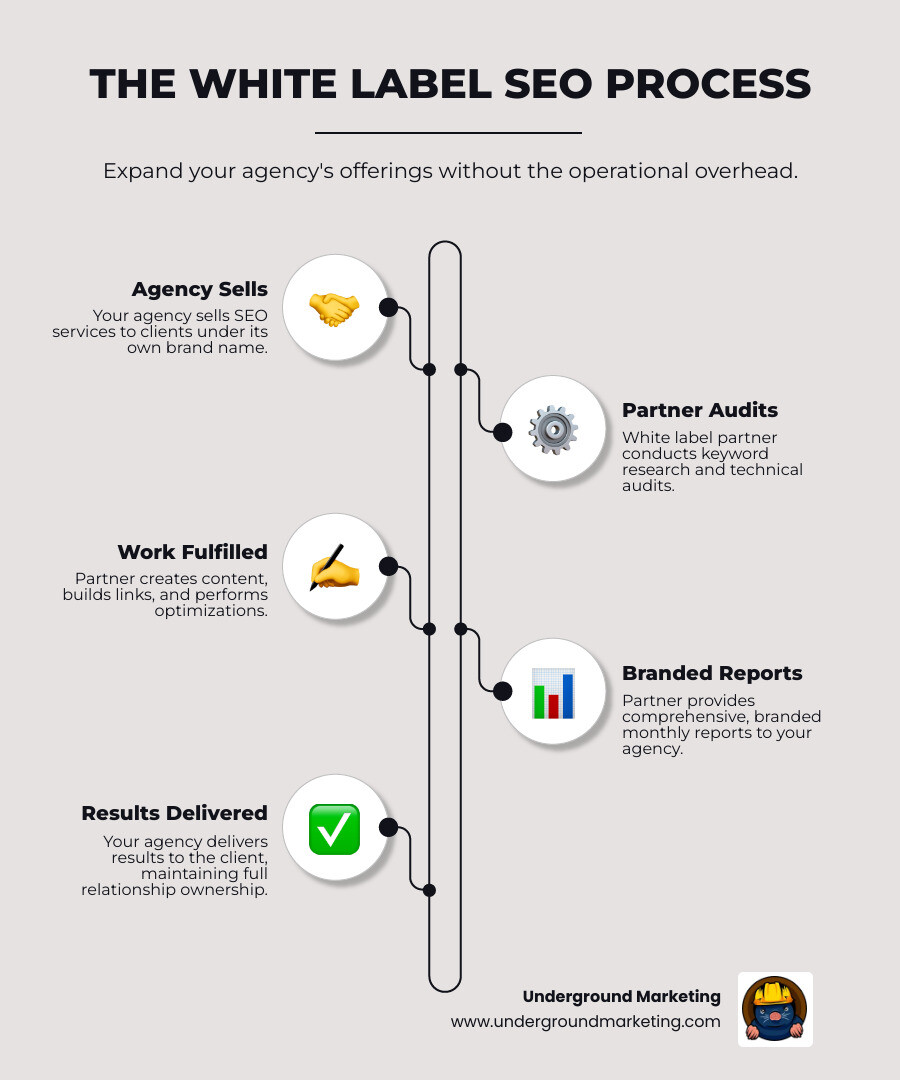 Infographic showing the white-label SEO workflow: agency sells service → partner conducts research & audit → partner optimizes site & builds links → branded reporting → agency delivers results Infographic showing the white-label SEO workflow: agency sells service → partner conducts research & audit → partner optimizes site & builds links → branded reporting → agency delivers results