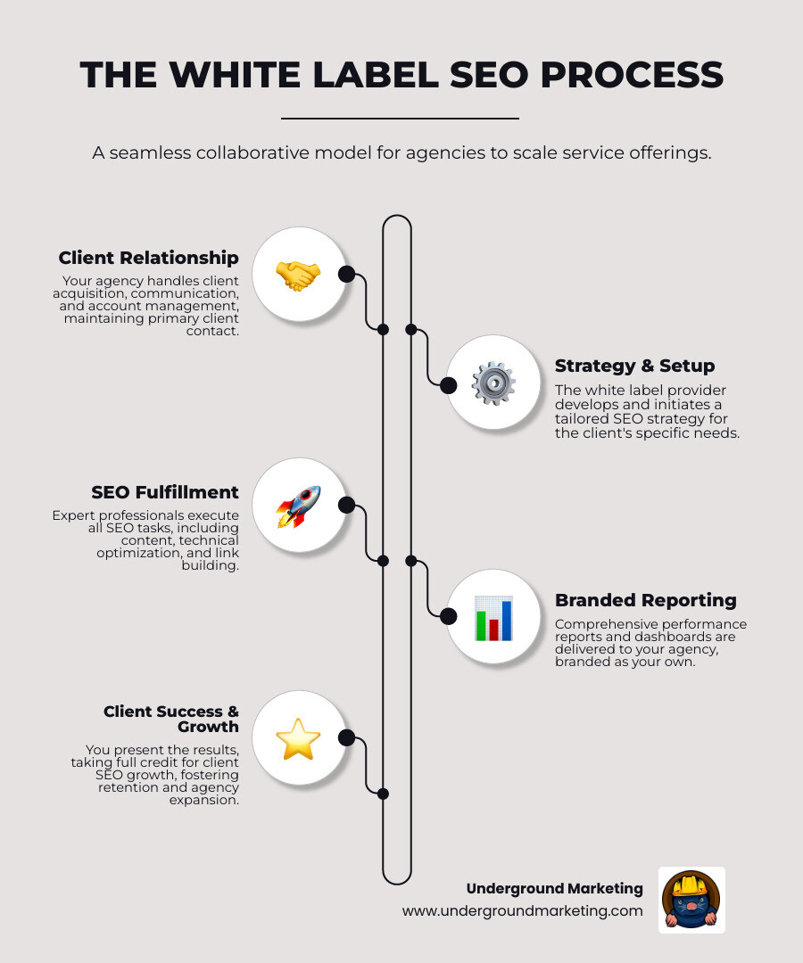 White label SEO process infographic showing the flow from agency sales to provider fulfillment to branded client reporting, with arrows connecting each stage and icons representing client acquisition, SEO work execution, and branded deliverables - agency white label seo infographic infographic-line-5-steps-neat_beige